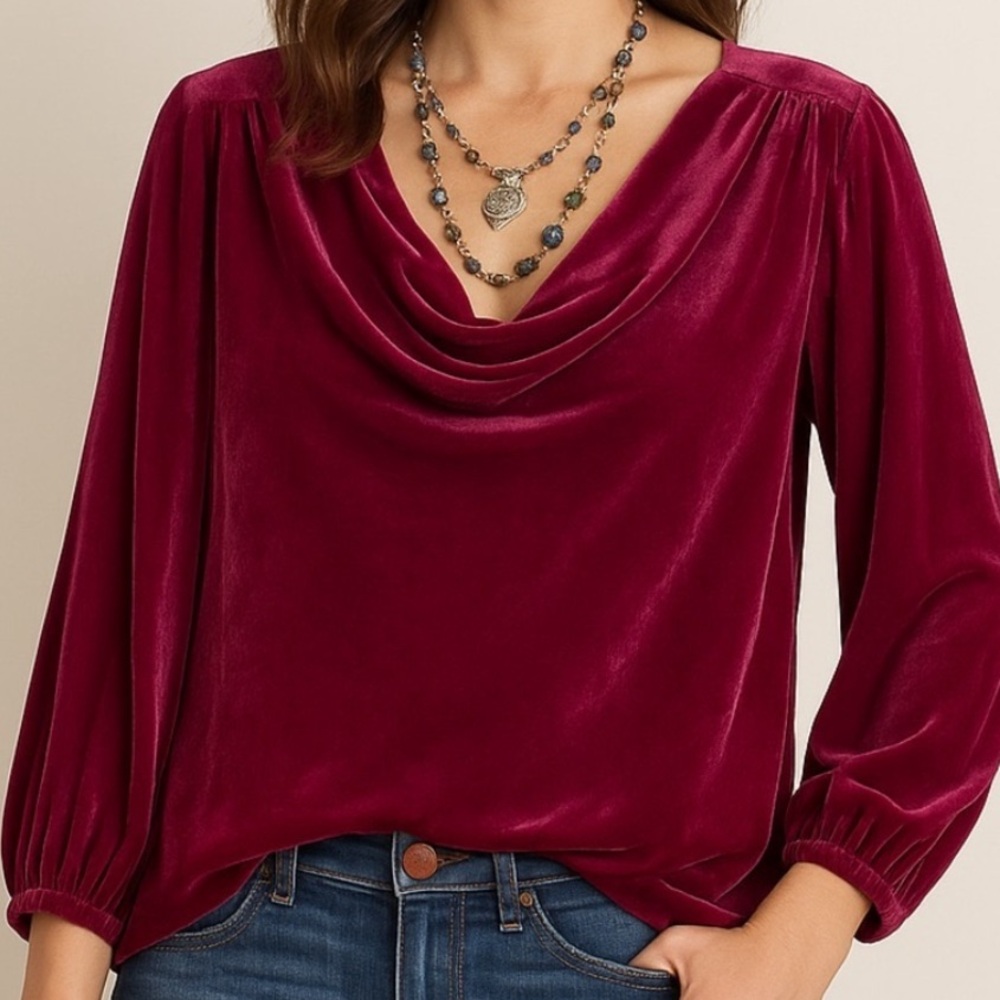 SUNDANCE Ophelia Berry Velvet Cowl Neck Blouse Deep Wine Red Elastic Cuffs LG